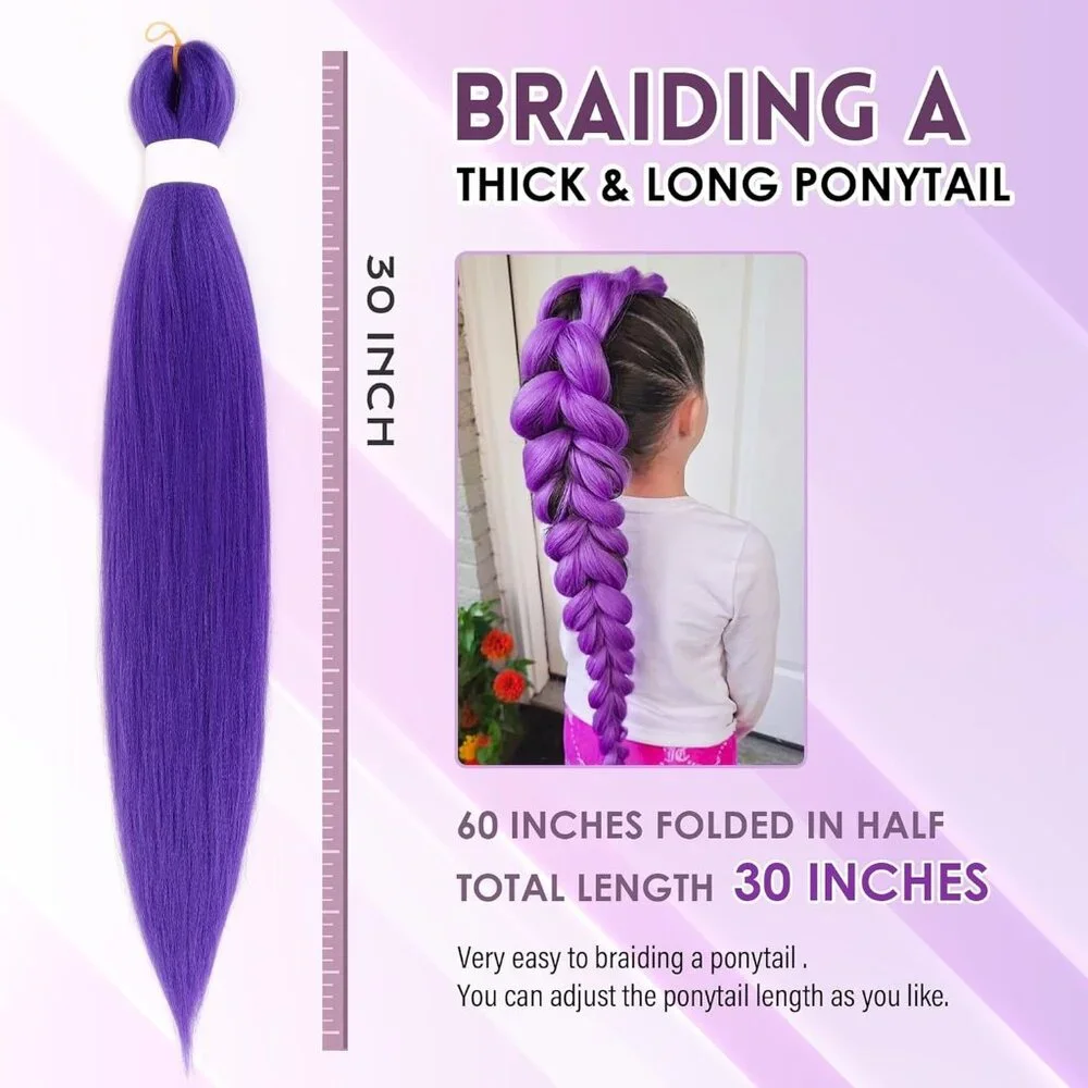 Zavide 30 Inch Purple Pre-Stretched Braiding Hair 4 Pack Extensions No Tangle